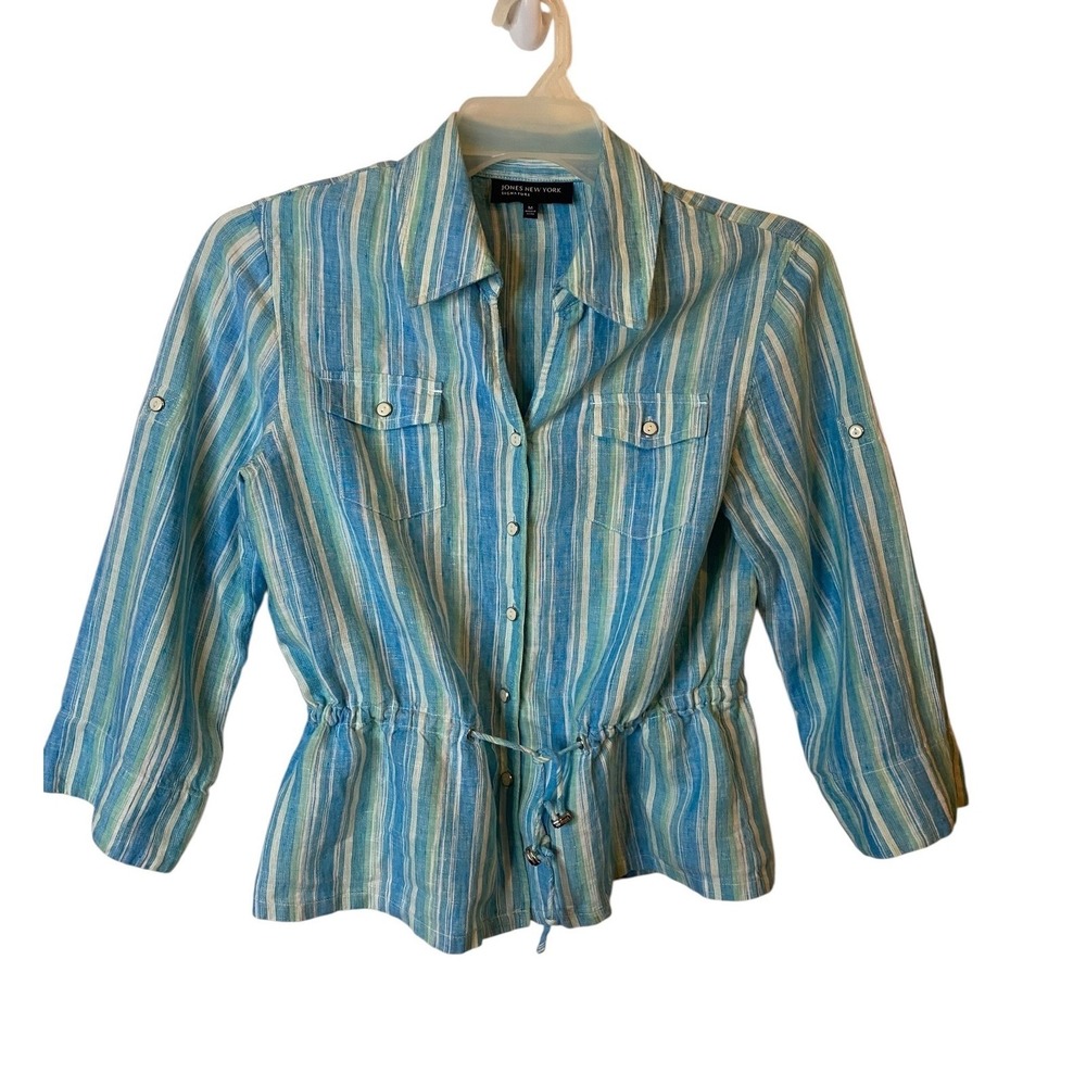Jones New York 100% Linen Striped Button Shirt Teal Blue Drawstring Waist Medium